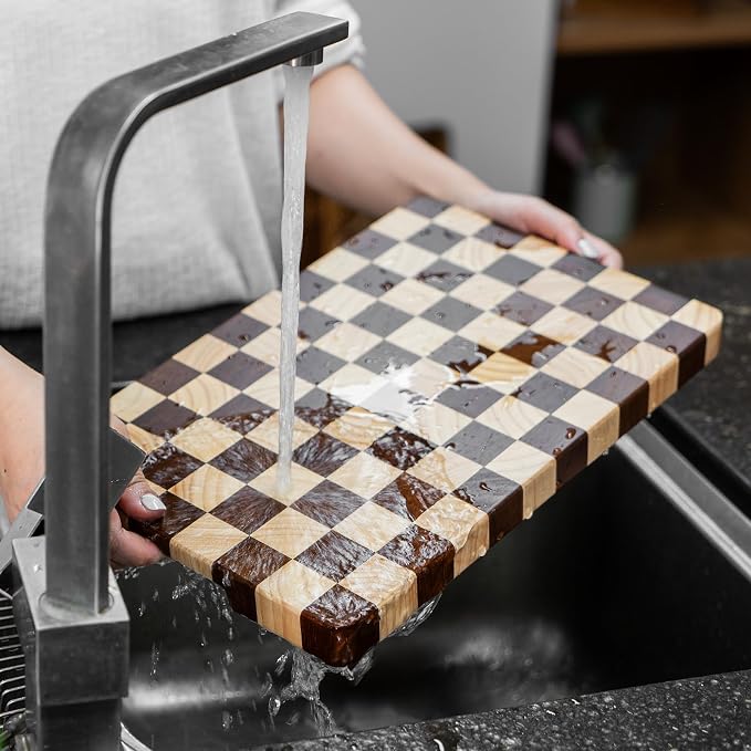 Wood Cutting Board Butcher Block, Wooden Chopping Board with Checkerboard Pattern and Inner Side Handles Meat Cheese Charcuterie Board, Ideal for Chopping, Slicing, and Dicing 14 * 9.5 Inch