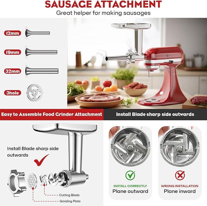 Meat Grinder & Stainless Steel Slicer Shredder Attachment for KitchenAid | Sausage Stuffer, Food Slicer, Shredder, Cheese Grater & Salad Maker, 4 Plates, 4 Blades, Food-Grade Metal, COFUN