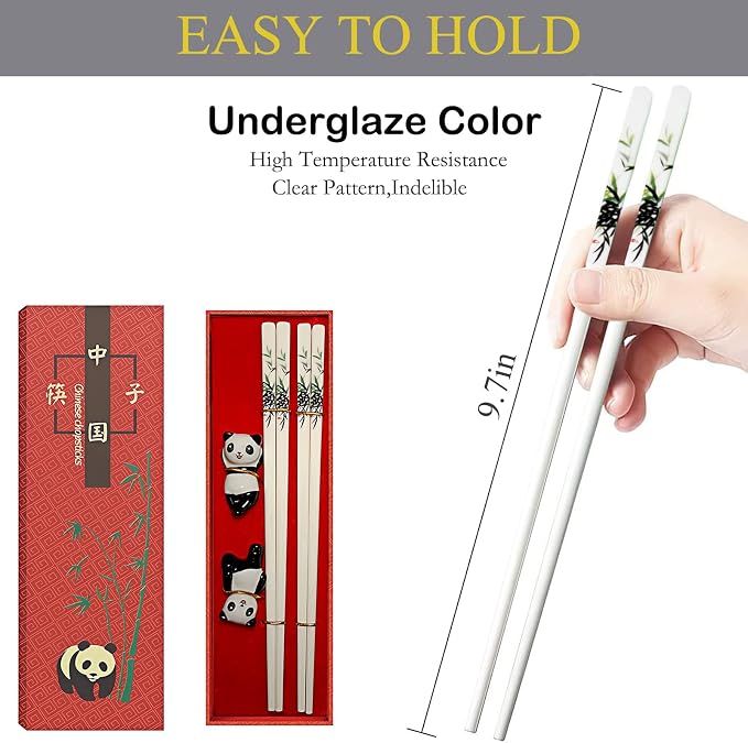 Ceramic Chopsticks Gift set with Panda Porcelain Rest,Reusable,Green Bamboo | Easy to Clean,Dishwasher Safe,Ceramic Chopsticks Holder,Chinese Japanese Korean,Classic Stylish,Exquisite Panda Gift Box