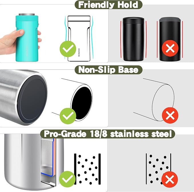 3 In 1 Insulated Universal Can Cooler - Signice Double Walled Vacuum Insulator Stainless Steel Slim Can Cooler for 12 Oz Skinny Tall Standard Regular Can Beer Bottle (Aqua)