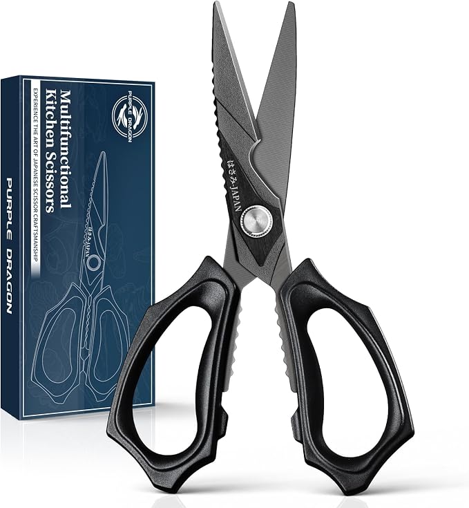 Purple Dragon Kitchen Scissors for Food - Heavy Duty Kitchen Shear Black | Stainless Steel Blade, Oversized Handle, Gift Box, Dishwasher Safe, All Purpose, for Meat Cutting