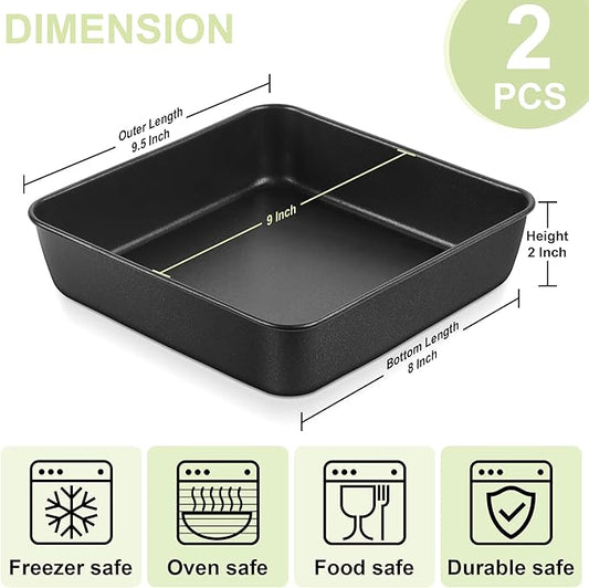 E-far 9 Inch Square Cake Pan Set of 2, Nonstick 9x9 Baking Pan with Stainless Steel Core, Black Metal Bakeware for Brownies Lasagna Cakes, Non-toxic & Easy Clean, 2 Inch Deep
