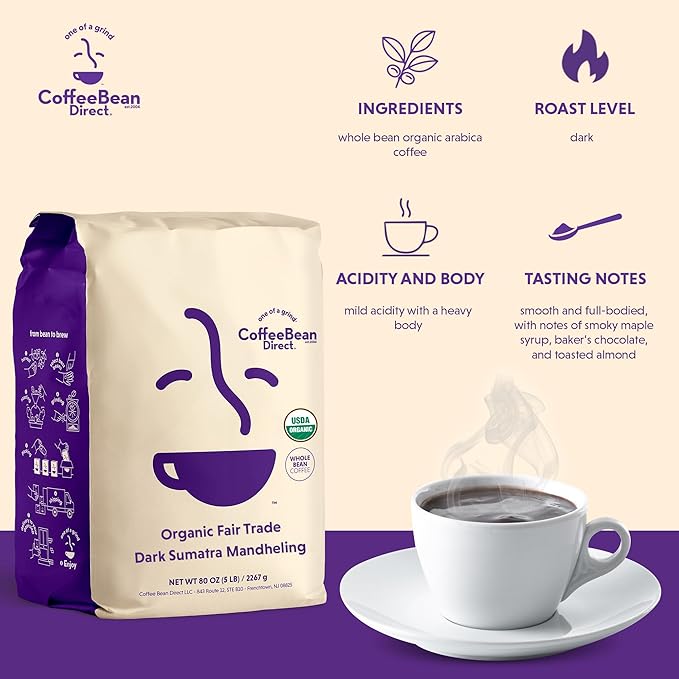 Coffee Bean Direct Organic Fair Trade Dark Sumatra Mandheling, Whole Bean Coffee, Dark Roast, 5 Pound Bag (Pack of 1)