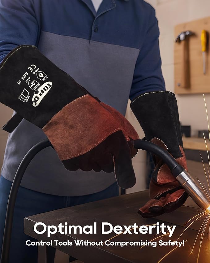 TOPDC Welding Gloves 16Inch 1000℉Heat/Fire Resistant Reinforced Leather Fireproof Gloves with Kevlar Stitching for Mig, Tig, Stick, Forge, BBQ, Grill, Oven, Fireplace, Furnace, Animal Handling, SMALL