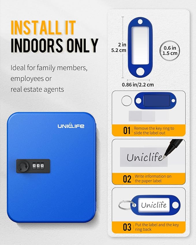 Uniclife 20 Position Key Cabinet with Combination Lock Resettable Blue Digital Security Storage Box Steel Key Organizer with Colorful Key Tag Labels Stickers and Hooks