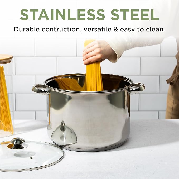 Ecolution Pure Intentions Stock Pot - Features Tempered Glass Lid, Stay-Cool Handles, and Encapsulated Bottom - Oven Safe - Curbside Recyclable Stainless Steel - 12 Quarts