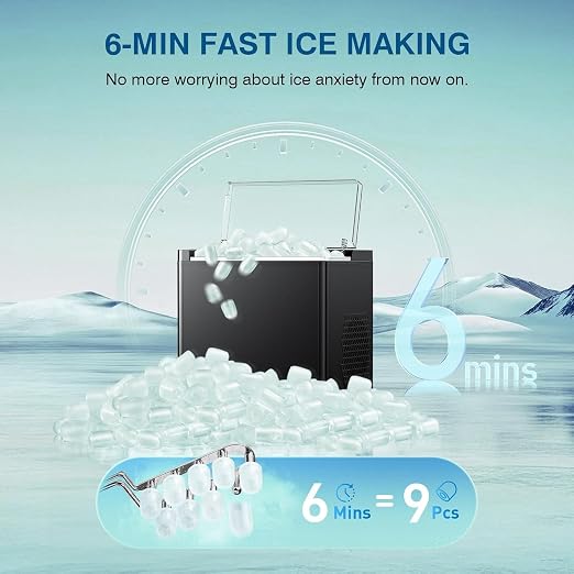 Countertop Ice Makers Machine, Portable Ice Machine Producing 9 Ice Cubes Within 6 Mins, Bullet Ice Available in Two Sizes(S/L), Compact Mini Ice Maker Appliance for Home Kitchen Camping (Soot)