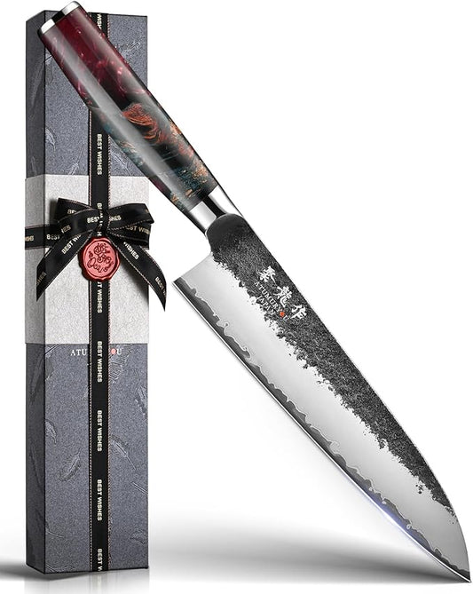 Japanese Chef Knife, 8 Inch Hand Forged Kitchen Knives with VG10 Steel, Professional Gyuto Knife for Home & Restaurant, Sanmai Chefs Knives with Ergonomic Red Handle, Cooking Gifts for Men Women