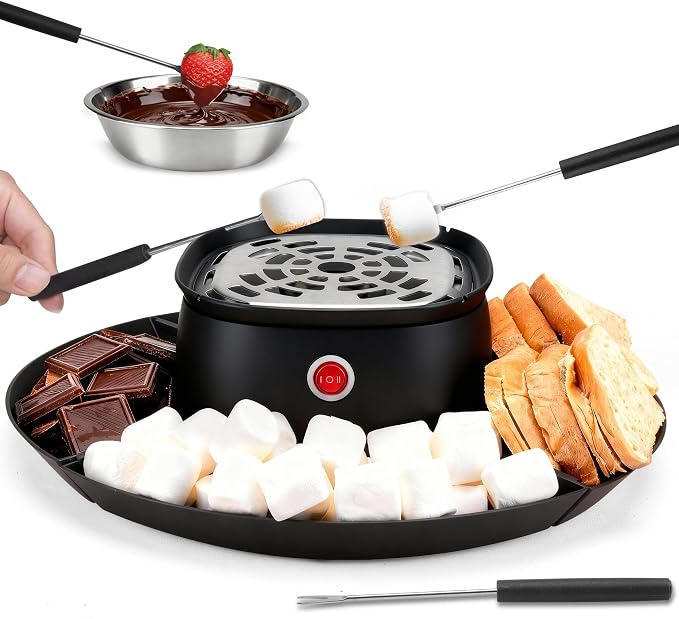 SugarWhisk 2 in 1 Electric Smore Maker & Fondue Set, Marshmallow Roaster with 4 Forks, Indoor Smores Kit for Kids & Couples, Cheese & Chocolate Fondue Pot, 4 Detachable Trays, Graphite