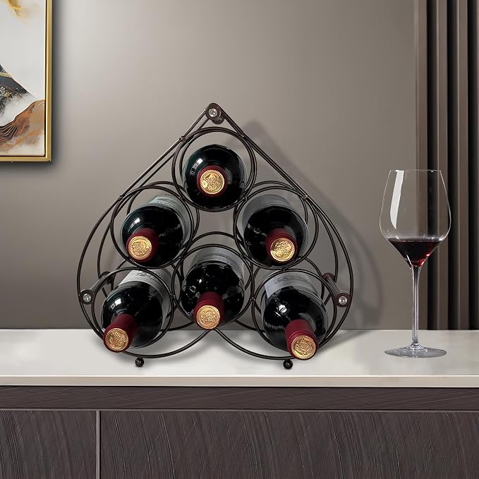 Heart Shape Countertop Wine Rack, 6 Bottles Freestanding Small Metal Wine Holder, Modern Tabletop Wine Storage Stand for Cabinet, Pantry (Black)