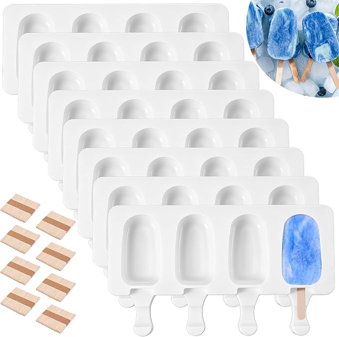8 Set Small Silicone Popsicle Molds Ice Cream Mould, 4 Cavity Oval Cake Pop Mold with 400 Wooden Sticks for DIY Frozen Treats, White