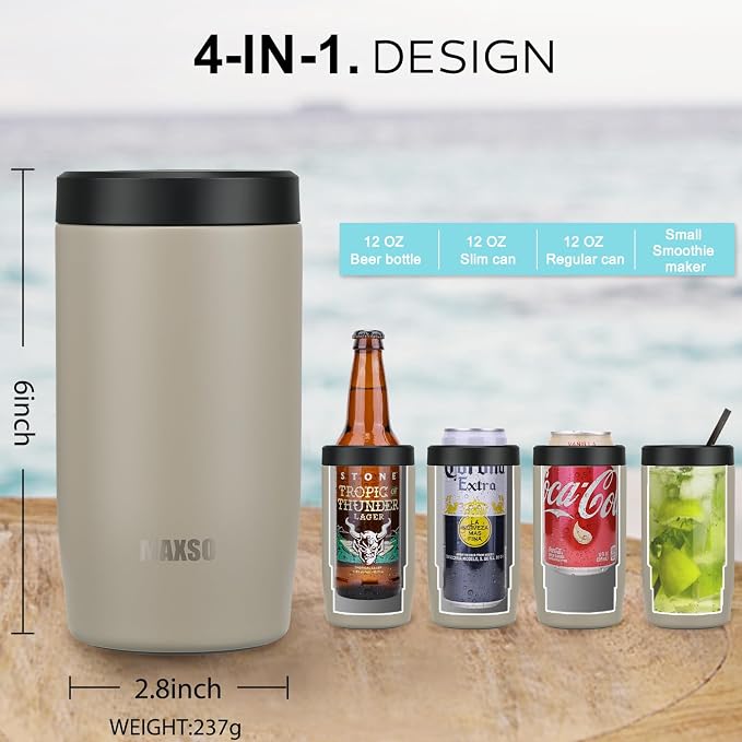 4-in-1 Slim Can Cooler Easy to Hold Insulated Beer Can Holder Double-walled Stainless Steel for All 12 Oz Cans (Beige)