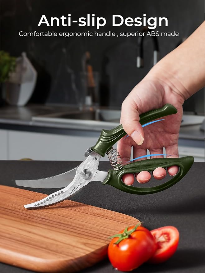 Poultry Shears, Heavy Duty Kitchen Shears With Anti-Slip Handle & Safety Lock, Poultry Scissors for Meat, Chicken, Bone,Turkey, Fish, Spring Loaded, Dishwasher Safe(Olive Green)