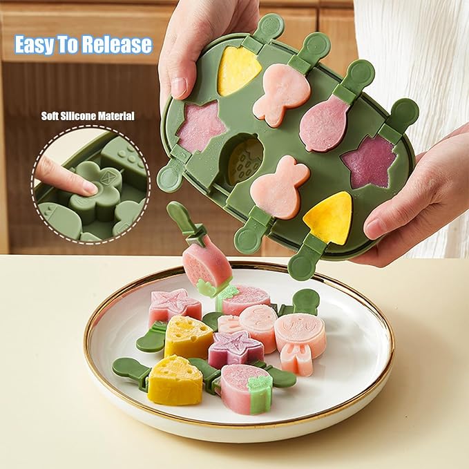 2 Pack Silicone Popsicle Mold, Fun Shaped Dinosaur Popsicle Silicone Molds with 16 Sticks, Reusable Small Mini Ice Popsicle Molds Set, Easy to Clean and Dishwasher Safe (Green)