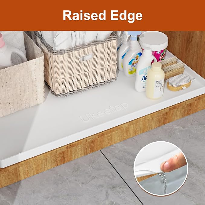 ukeetap 34" x 22" Extra Thick Silicone Mat Waterproof with Raised Edge, Under Sink Mat for Kitchen & Bathroom, Kitchen Cabinet Liner, Multi-Purpose for Storage & Protection, White
