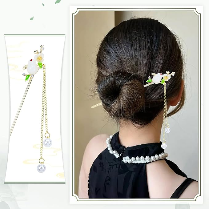 inSowni 8 Pieces Retro Asian Chinese Traditional Hanfu Gold Metal Artificial Jade Bamboo Flower Butterfly Hair Pins with Pearl Bead Pendants Long Hair Sticks Forks Bun Updo Hairpins for Women Girls