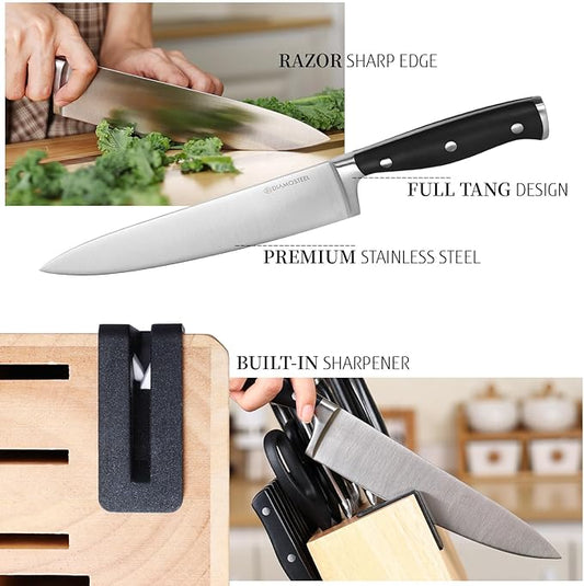 Black Knife Set, 15-Piece Knife Block Set with Built-in Sharpener Scissors for Kitchen, Dishwasher Safe Knives set Ideal Present for Family & Restaurant