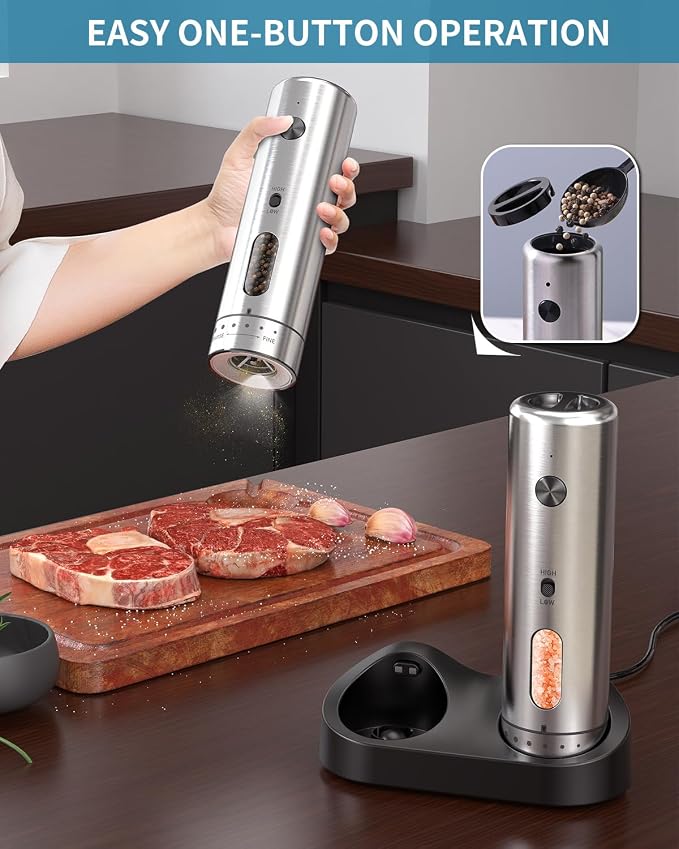 CIRCLE JOY Electric Salt and Pepper Grinder Set with Rechargeable Base Upgraded Stainless Steel Automatic Salt and Pepper Shakers with 2 Grinding Speeds, External Adjustment and 110ml Capacity, Silver