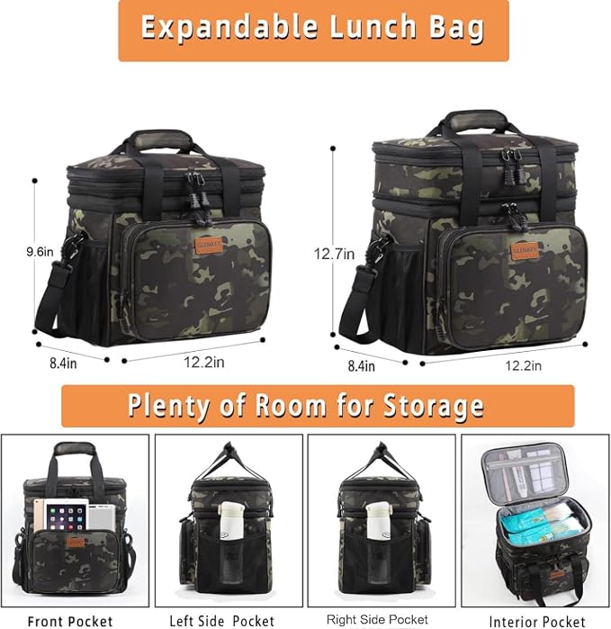 GLENKEY Expandable Lunch Box Cooler Bag - Insulated Soft Lunch Bag for Men Women - Large Lunchbox for Adults Work Camping Outdoor Travel Black Camo 22L