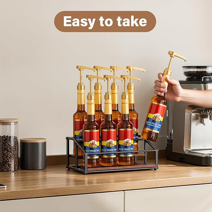 kimilus Coffee Syrup Organizer Rack, Liquor Bottle Display Shelf, 2 Tier 8 Syrup Bottles Holder Stand for Coffee Bar Kitchen Small Wine Rack for Family Storage for Syrup Wine Dressing