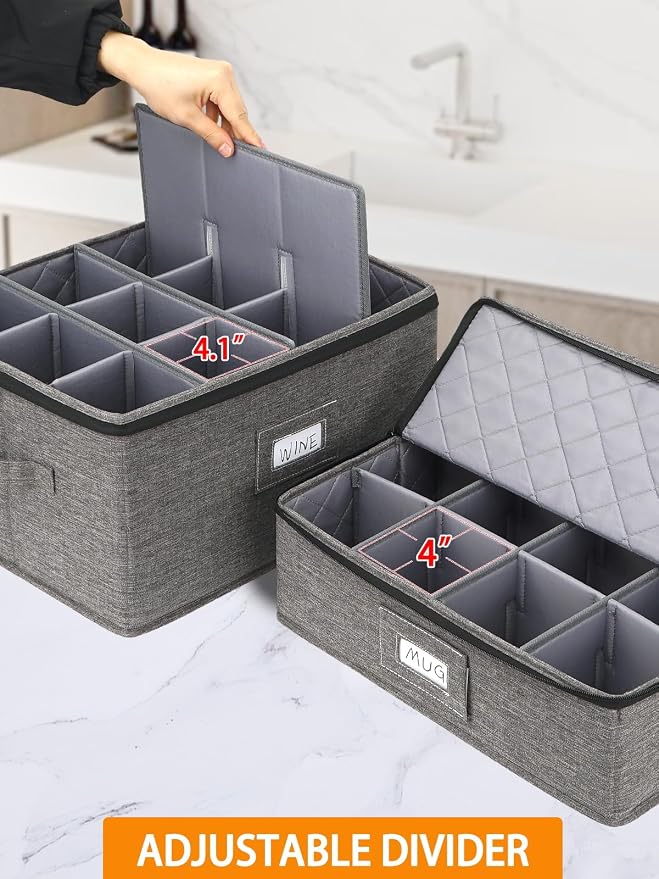 punemi China Storage Containers, 6-Piece Hard Shell Set for Moving Boxes | Mug, cup and wine glass organizers with dividers and carry handles for dinnerware, glassware and stemware, grey