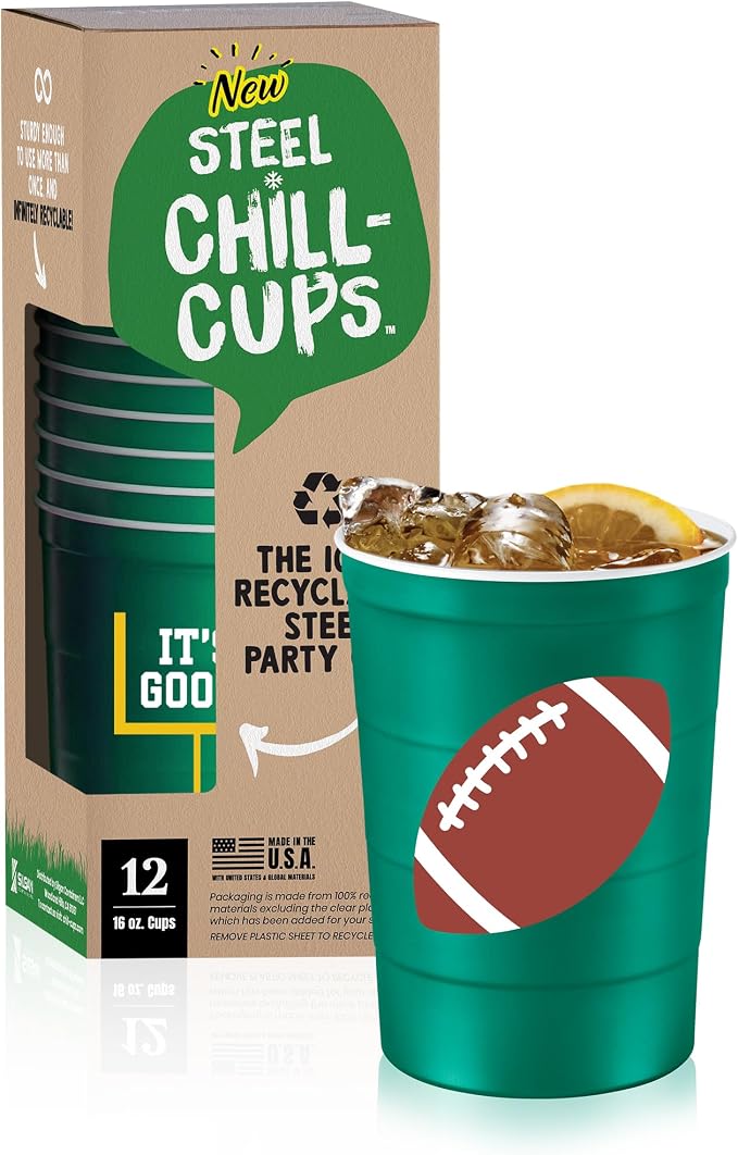 Steel Chill Cups 16 oz. Reusable Party Cups, Football, Green, 12 Count | Made in USA from Steel these durable cups chill fast & keep your drink cold for longer, 100% recyclable for sustainablity