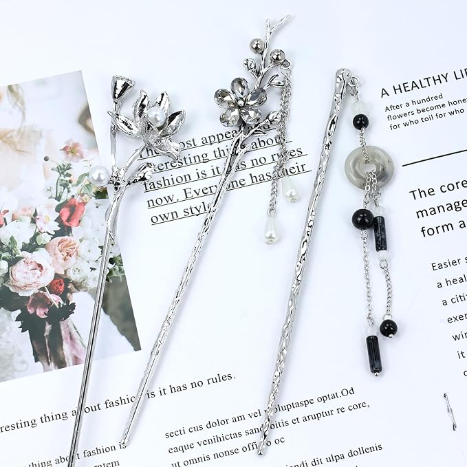 inSowni 8 Pcs Retro Vintage Asian Chinese Traditional Hanfu Silver Metal Flower Hair Sticks with Pearl Bead Pendants Bamboo Lotus Long Hair Chopsticks Forks Bun Updo Holders Hairpins for Women Girls