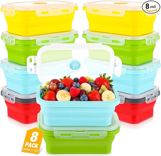 Set of 8 Silicone Collapsible Bowls for Camping with Vent Lid Silicone Storage Containers for Food Meal Preparation Square Bowl Microwave Freezer Dishwasher Safe (Candy Color,17 Oz/ 500 ml)