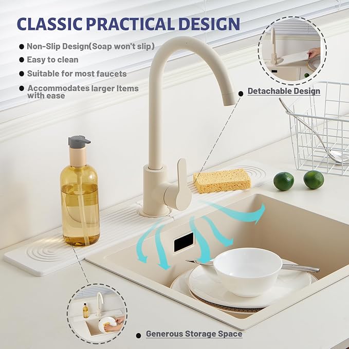 Faucet Mat for Kitchen Sink with Raised Feet, Quick Dry Stone Sink Mat Around Faucet, Water Absorbent Stone Tray, Sink Splash Guard & Protectors, Stone Drying Mat for Kitchen Counter