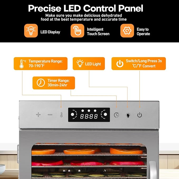 Panana Food Dehydrator for Jerky, Fruit, Meat, Beef, Herbs, 6/8/12/18-Tray Full Stainless Steel Dehydrator Machine, LED Display, Adjustable Timer, Temperature Control, Overheat Protection (8-Trays)