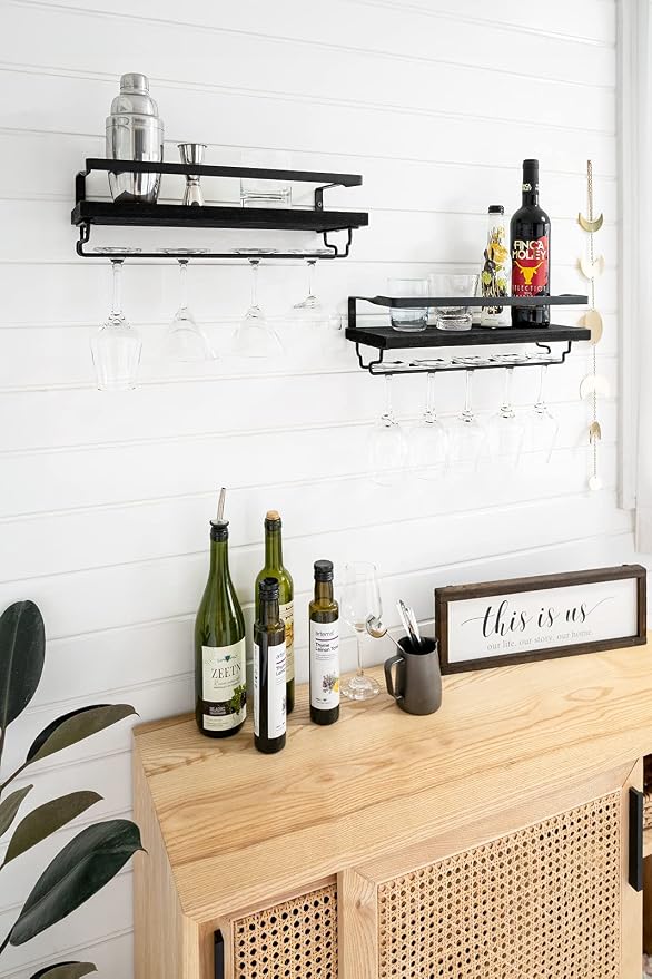 Mkono Wall Mounted Wine Rack Set of 2 Wood Shelf Rustic Wine Bottle Glass Floating Shelves with Stemware Hanger Modern Plants Photos Wine Display Storage Holder for Kitchen Dining Room Bar, Black | Space Saving, Stem Hanger, Floating Design, Store Wine...