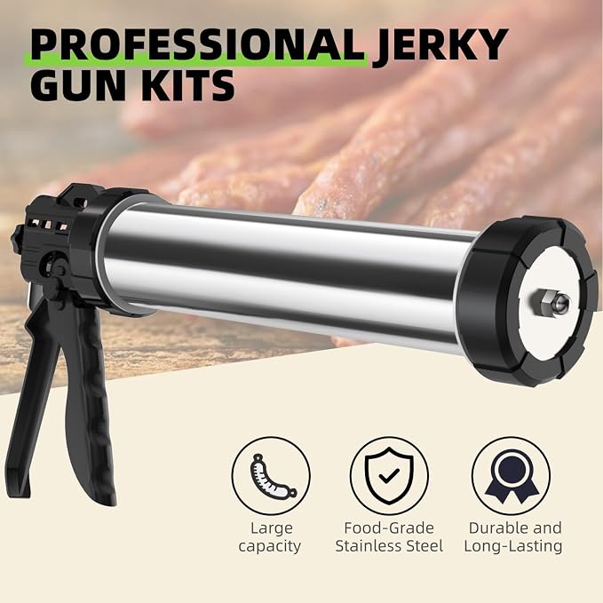Beef Jerky Gun Kit, 2lb Stainless Steel Meat Gun, Beef Jerky Maker | 2-Pound capacity meat gun, 5 different nozzles, For homemade beef jerky and sausages, Easy to clean and maintain