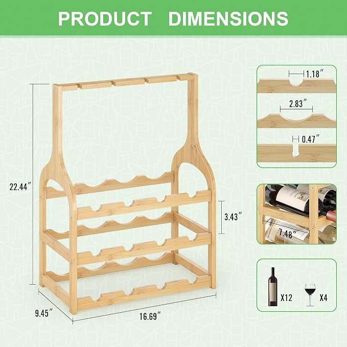 Bamboo Small Wine Rack Countertop, Freestanding Bottle Storage Holder | 12 Wine Bottles and 4 Glass Holder | Wooden Wine Storage Organizer Shelves for Kitchen Bar, Cellar, & Dining Room | Natural