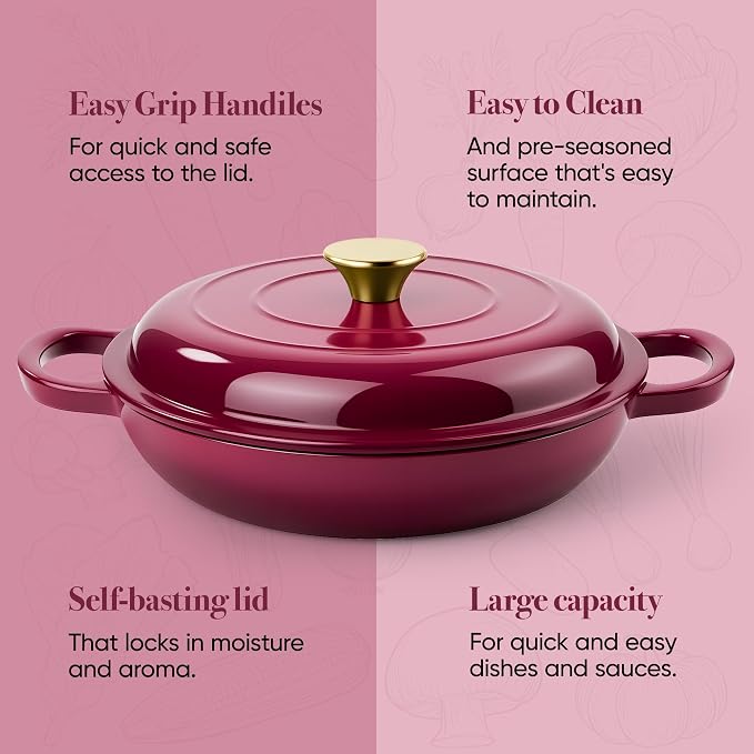 3 Quart Enameled Cast Iron Braiser, Non Stick Enameled Cast Iron Skillet with Lid, Dutch Oven Skillet with lid up to 500°F for Oven, Stove, Grill, Shallow Dutch Oven for Cook, Bake (Rose)