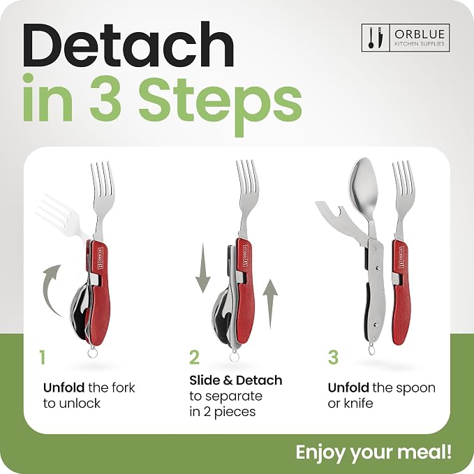 Orblue 4-in-1 Camping Utensils, 1-Pack, Portable Stainless Steel Spoon, Fork, Knife & Bottle Opener Combo Set - Travel, Backpacking Cutlery Multitool, Red