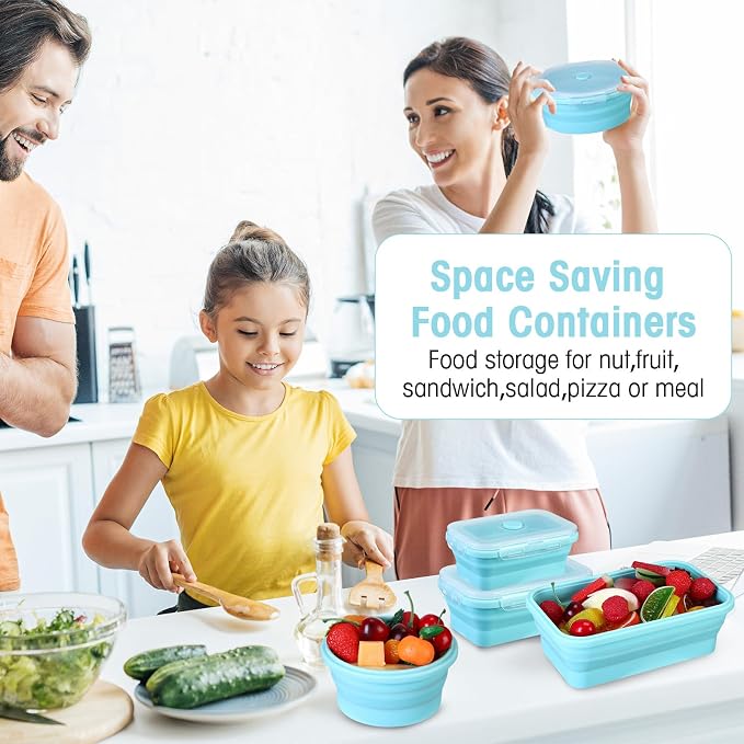 Yaomiao 16 Pack Collapsible Food Storage Containers with Lid Air Vent Foldable 8 Rectangle Storage Bowl and 8 Round Silicone Food Bow for Lunch Camping Rv Accessories Microwave Freezer(Blue)