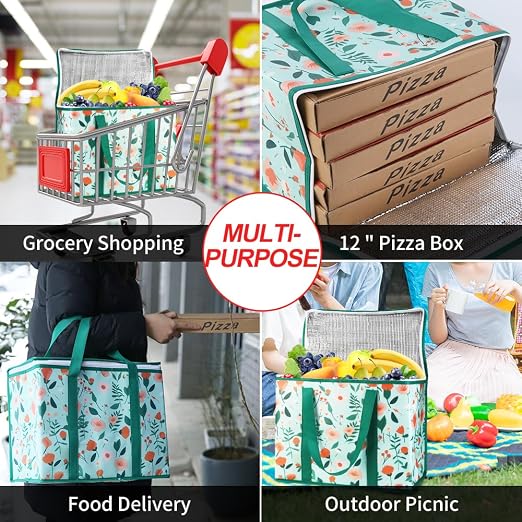 2-Pack Insulated Reusable Grocery Shopping Bags, X-Large Insulated Food/Pizza Delivery Bag for Delivery Drivers, Commercial Food Warmers, Tote Cooler/Thermal Bags for Travel, Picnic