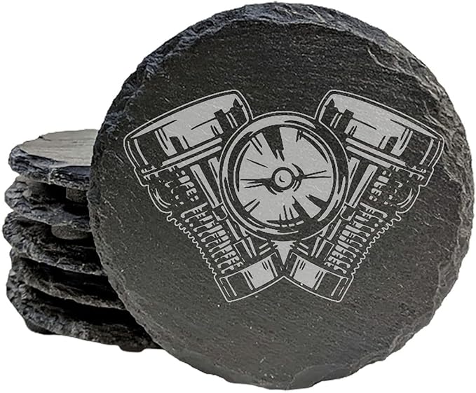 Power & Protection: V-Twin Engine Coasters for Your Ride - Round Slate - Set of 6