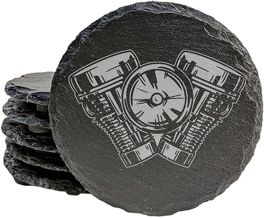 Power & Protection: V-Twin Engine Coasters for Your Ride - Round Slate - Set of 8