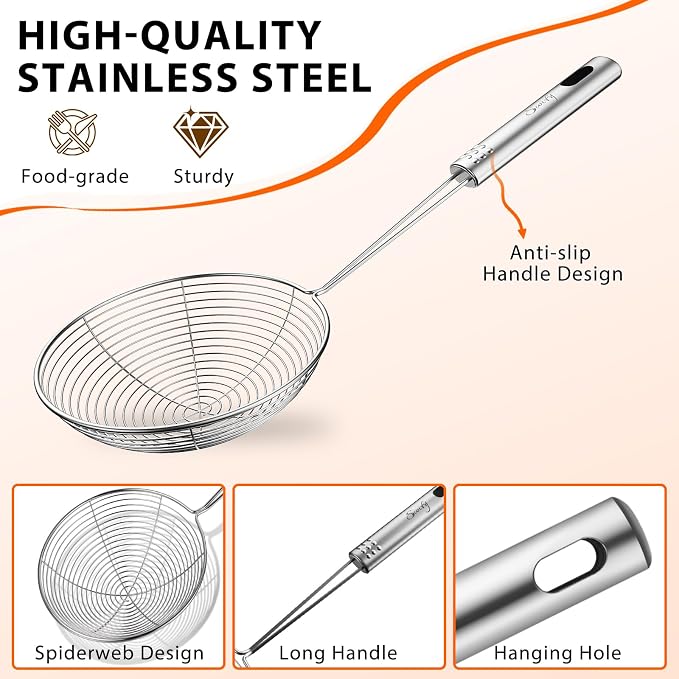 Swify Spider Strainer Set of 3 Asian Strainer Ladle Stainless Steel Wire Skimmer Spoon with Handle for Kitchen Frying Food, Pasta, Spaghetti, Noodle-30.5cm, 32cm, 35cm