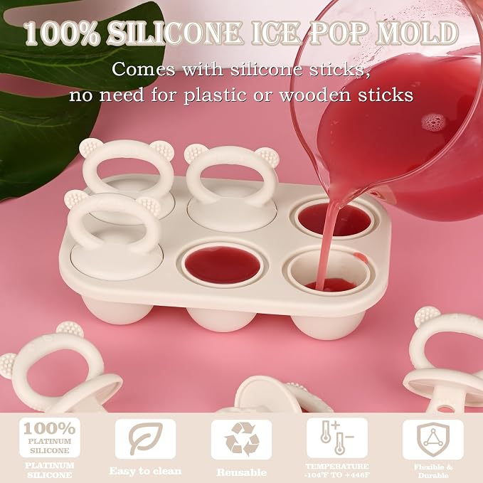 Sakolla Baby Popsicle Molds Mini 6-Cavity Silicone Ice Pop Mold with Sticks Breastmilk Popsicle Molds for Teething Relief Toddler Popsicle Mold for Ice Cream Frozen Yogurt and Fruit Juice (Beige‌)