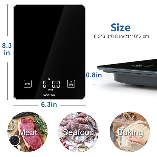 Waterproof Kitchen Food Scale, 1g/22lb, IP67, Rechargeable, Black | Premium Tempered Glass, Clear LED Display, with 6 Units, Tare, Ideal for Baking, Cooking, Making Sourdough Bread