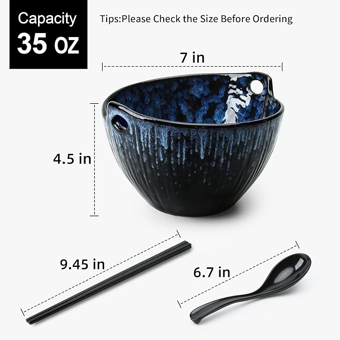 Ramen Bowl with Chopsticks and Spoons Set, 7 Inch Ceramic Noodle Bowl Set of 2, Donburi Bowl Dishwasher Safe for Pho Udon Soba Noodle Salad Pasta, Special Reactive Glazed Navy Bowls Set