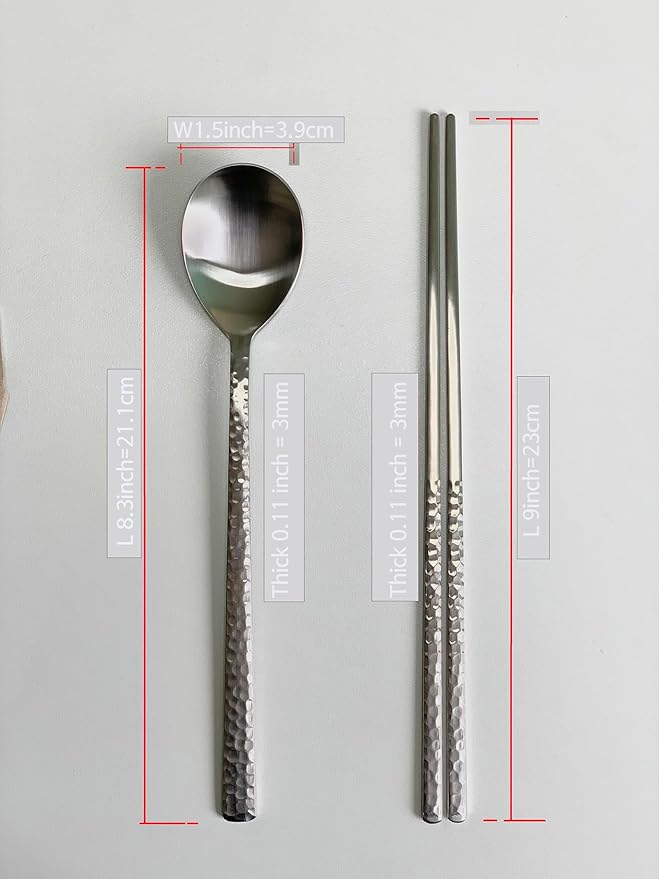 Korean Made Silver Glossy Hammered Stainless Steel Korean Spoon & Chopstick SET Gift for Mom Stocking Stuffer(4SET)