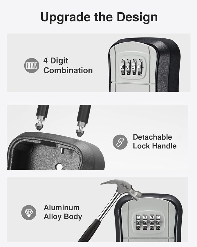 Puroma Key Lock Box Outdoor 4 Digit Code Combination Lockbox House, 1 Gray | For Contractors Guest Realtor Storage Keys, Portable, Home Wall Mount, Resettable, Combination, Weatherproof, High-capacity