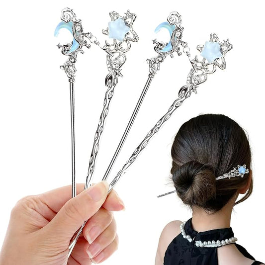4Pcs Star Moon Hair Sticks, Silver Metal Chinese Hair Chopsticks Hairpins, Vintage Moonstone Hair Bun Updo Holders for Women Girls Hanfu Asian Decorative Accessories