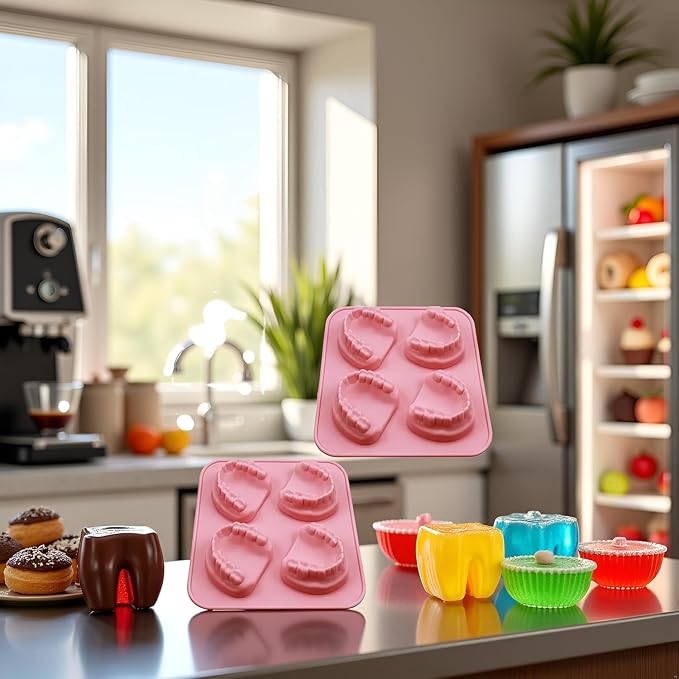 2Pcs 4 Hole Denture Teeth Shaped Ice Cube Mold Silicone Ice Tray DIY Ice Cream Funny Gag Gift For Dentist Seniors Ice Tray Molds