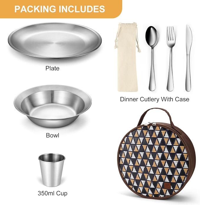 Odoland Stainless Steel Camping Mess Kit for Family & Person | Cooking Tableware Utensils with Plates Bowls Forks Spoons Knives & Savings Bag for Camping, Backpacking, Hiking, Picnic
