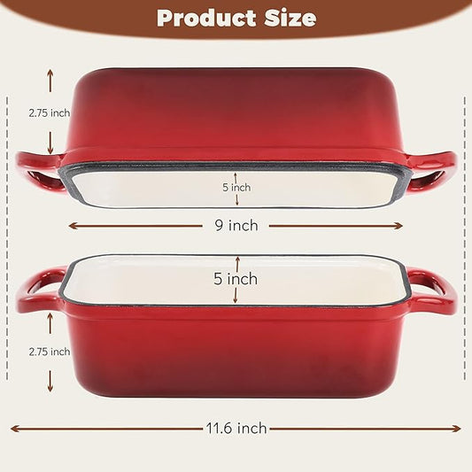Cast Iron Bread Loaf Pan with Lid, 2 In 1 Loaf Pans for Baking Bread 9x5, Enameled Bread Pans for Homemade Bread, Sourdough, Even Heating Bread Dutch Oven, Red