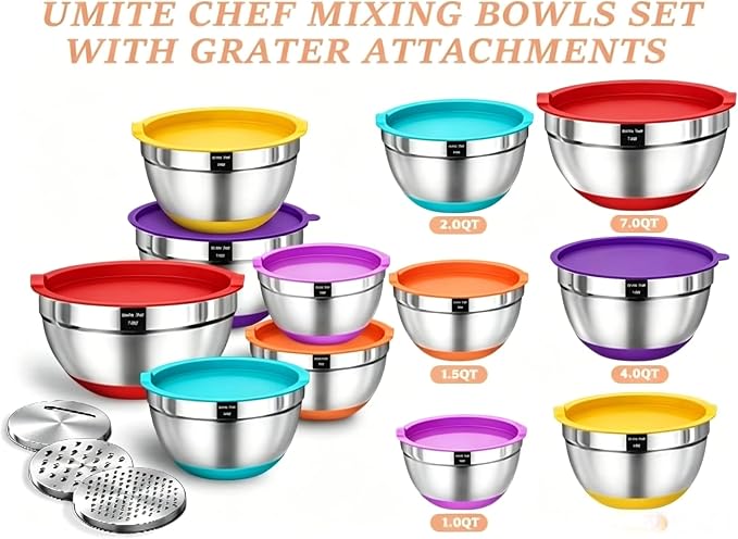 Umite Chef Thickened Heavy-Duty 26pcs Stainless Steel Bowl, Mixing Bowl Set with Lid, Grater Attachment, Colorful Non-Slip Bottom and Kitchen Gadget Set, Sizes 7, 4, 2.5, 2.0, 1.5, 1QT